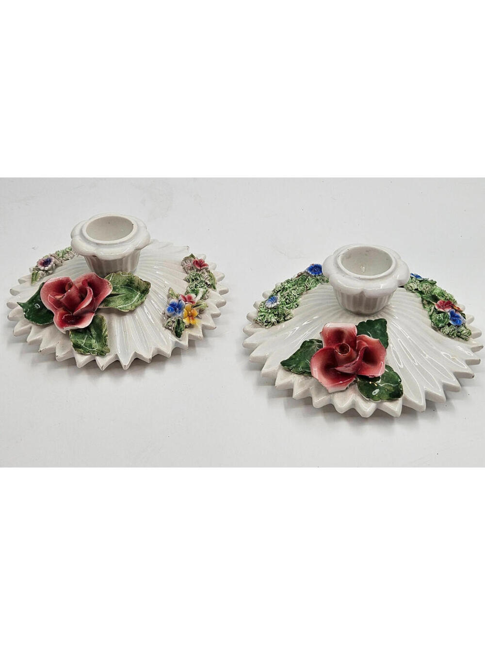 Vintage Italian Hand-Crafted Porcelain Floral Candle Holders –Pair- Marked Italy